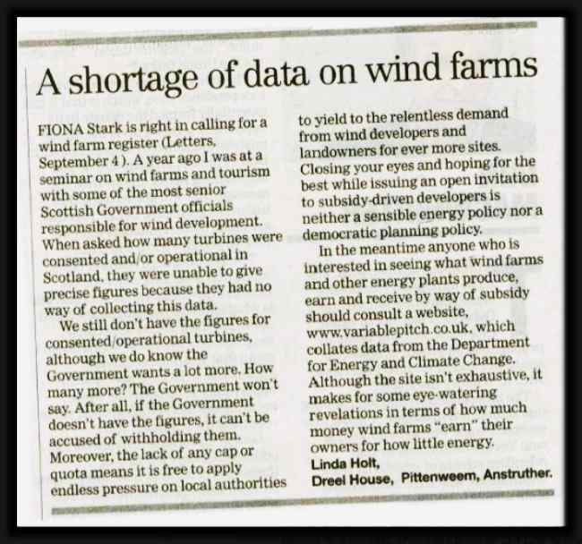 letter from Linda Holt about the shortage of useful energy data from wind farms